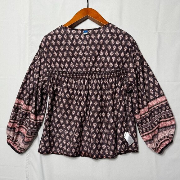 Old Navy Long Ballon Sleeve Smocked Brown Printed Poet Peasant Blouse Size Large - Picture 12 of 14